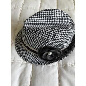 Fedora Hat Houndstooth Black/White Chevron & Black Flower